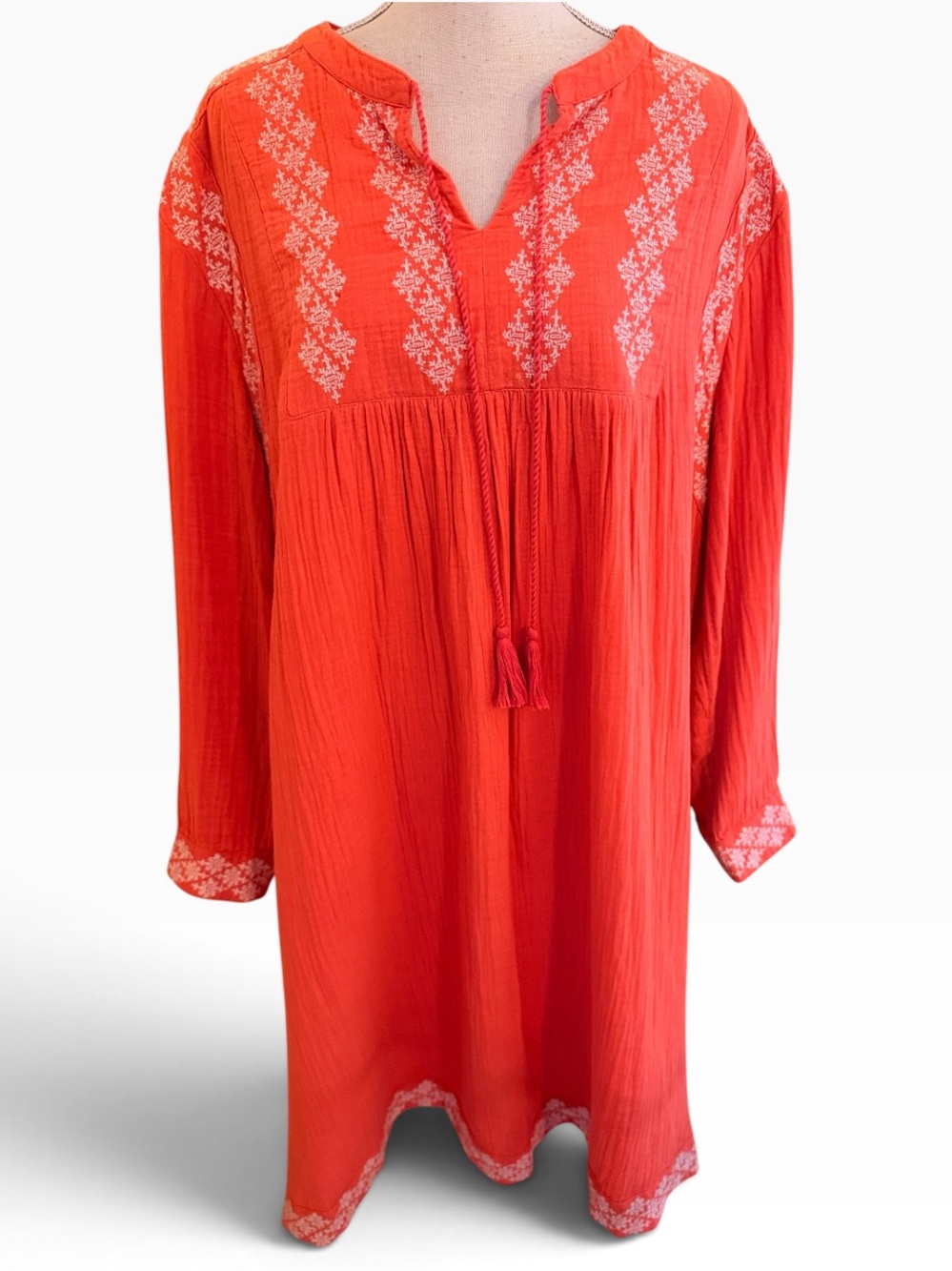 June + Vie Coral Cotton with White Embroidery Long Sleeve Tunic Dress L
